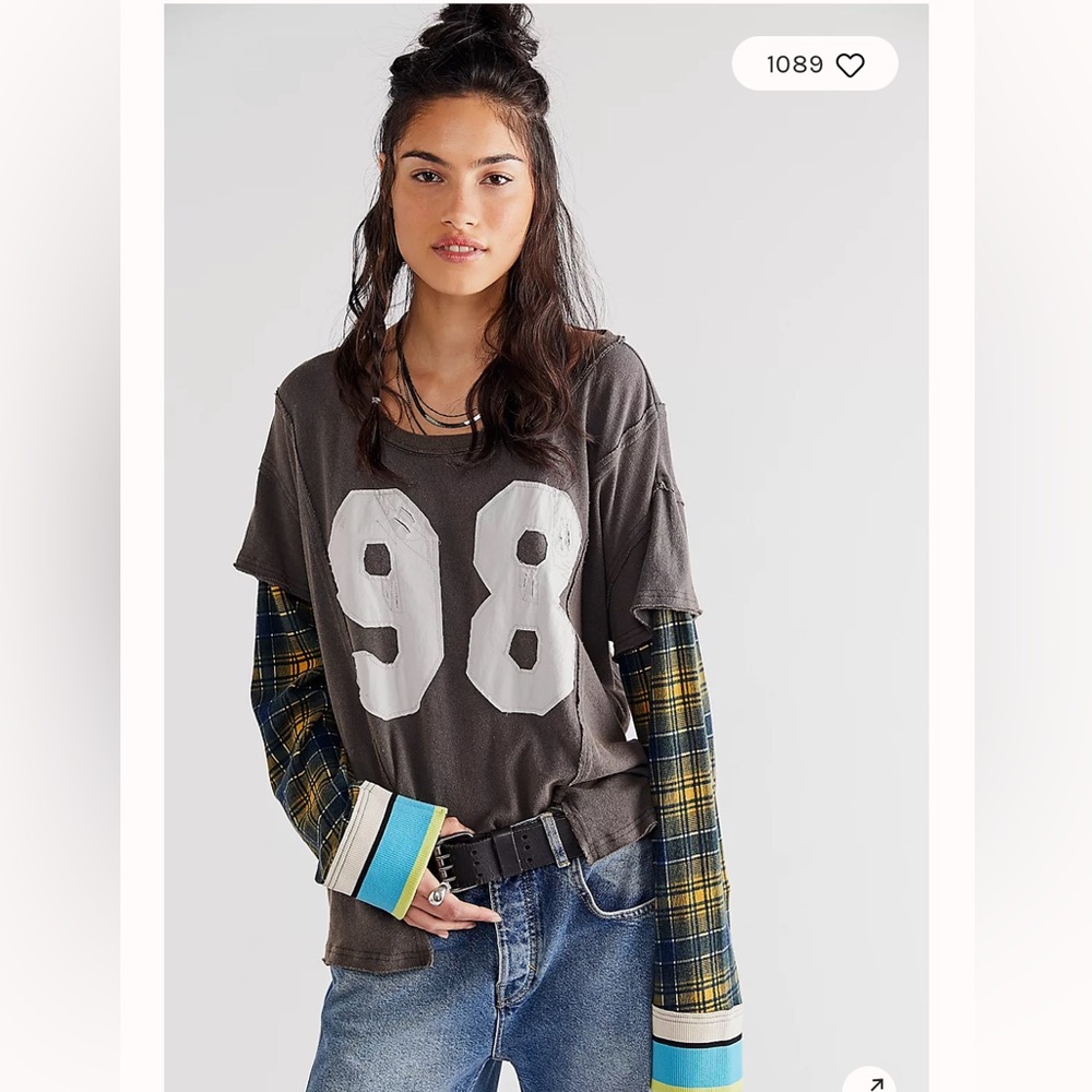 Free People Brown Graphic Tee with Layered Sleeves
